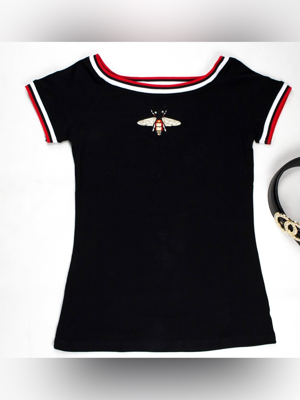 Black Bee Embroidered Short Sleeve Top with Red-Trim Neckline